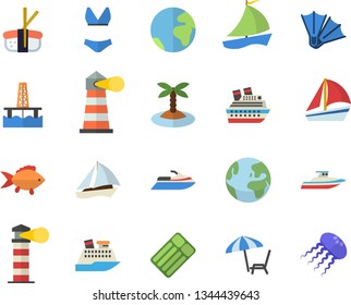 Color flat icon set fish flat vector, sashimi, oil production platform, lighthouse, sailboat, swimsuit, earth fector, chaise lounge, island, flippers, water scooter, cruise ship, yacht, jellyfish