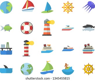 Color flat icon set fish flat vector, oil production platform, lighthouse, sailboat, earth  , surfing, steering wheel, water scooter, lifebuoy, cruise ship, shark, yacht, jellyfish, windsurfing
