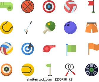 Color flat icon set flag flat vector, target, whistle, bowling ball, basketball, volleyball, skipping rope, athletic shorts, sports, tennis, table, golf fector