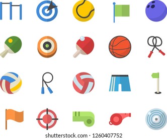 Color flat icon set flag flat vector, target, whistle, bowling ball, basketball, volleyball, skipping rope, parallel bars, athletic shorts, sports, tennis, table