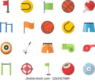 Color flat icon set flag flat vector, target, whistle, bowling ball, basketball, parallel bars, athletic shorts, sports, tennis, table, golf fector