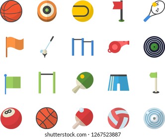 Color flat icon set flag flat vector, whistle, bowling ball, basketball, volleyball, parallel bars, athletic shorts, sports, tennis, target, table, fector, golf