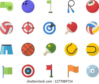 Color flat icon set flag flat vector, target, bowling ball, basketball, volleyball, skipping rope, athletic shorts, sports, tennis, table, whistle