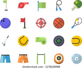 Color flat icon set flag flat vector, target, whistle, bowling ball, basketball, skipping rope, parallel bars, athletic shorts, sports, tennis, table, fector, golf