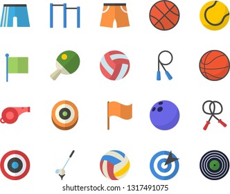 Color flat icon set flag flat vector, target, whistle, bowling ball, basketball, volleyball, skipping rope, parallel bars, athletic shorts, tennis, table, golf fector