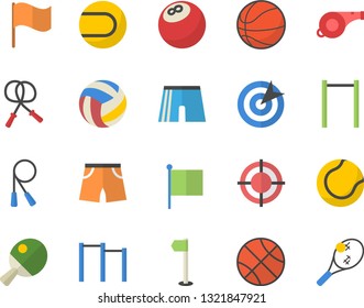 Color flat icon set flag flat vector, target, whistle, bowling ball, basketball, volleyball, skipping rope, parallel bars, athletic shorts, sports, tennis, table, fector