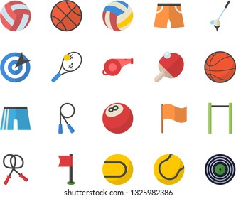 Color flat icon set flag flat vector, target, whistle, bowling ball, basketball, volleyball, skipping rope, parallel bars, athletic shorts, sports, tennis, table, fector, golf