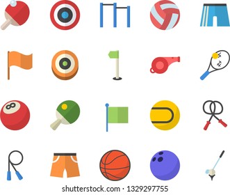 Color flat icon set flag flat vector, whistle, bowling ball, basketball, volleyball, skipping rope, parallel bars, athletic shorts, sports, tennis, target, table, fector, golf