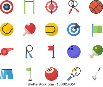 Color flat icon set flag flat vector, target, whistle, bowling ball, basketball, skipping rope, parallel bars, athletic shorts, sports, tennis, table, fector, golf