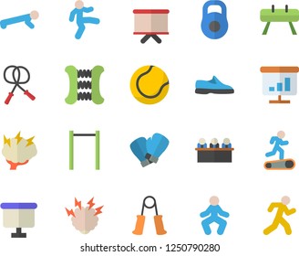 Color flat icon set flipchart flat vector, chart, meeting, brainstorm, weight, sneakers, skipping rope, carpal expander, parallel bars, sports equipment horse, tennis ball, boxing gloves, Treadmill