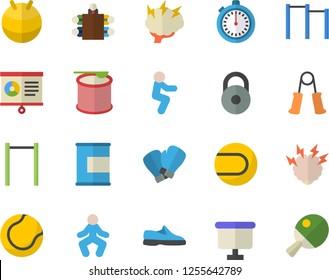 Color flat icon set flipchart flat vector, chart, meeting, brainstorm, weight, sneakers, stopwatch, carpal expander, parallel bars, tennis ball, fitball, boxing gloves, gymnastics, squats, proteins