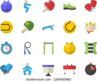 Color flat icon set flipchart flat vector, brainstorm, sneakers, stopwatch, skipping rope, carpal expander, parallel bars, sports equipment horse, tennis ball, fitball, boxing gloves, gymnastics