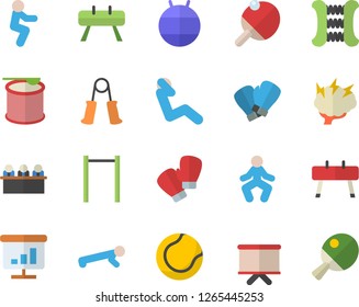 Color flat icon set flipchart flat vector, chart, meeting, brainstorm, carpal expander, parallel bars, sports equipment horse, tennis ball, fitball, boxing gloves, gymnastics, squats, push up, table