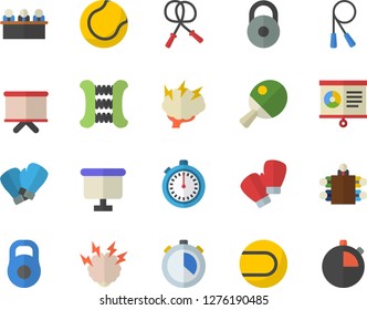 Color flat icon set flipchart flat vector, chart, meeting, brainstorm, weight, stopwatch, skipping rope, carpal expander, tennis ball, boxing gloves, table