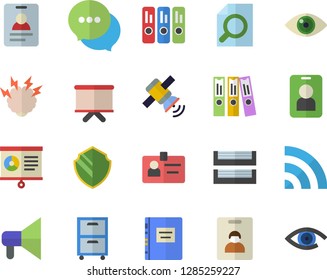 Color flat icon set flipchart flat vector, chat, chart, badge, magnifier, folder, paper tray, archive, satellit, textbook, brainstorm, indentity card fector, security, pass, broadcast, mouthpiece