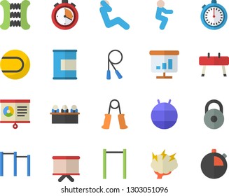 Color flat icon set flipchart flat vector, chart, meeting, brainstorm, weight, stopwatch, skipping rope, carpal expander, parallel bars, sports equipment horse, tennis ball, fitball, squats