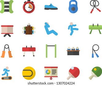 Color flat icon set flipchart flat vector, chart, meeting, weight, sneakers, stopwatch, skipping rope, carpal expander, parallel bars, sports equipment horse, tennis ball, Treadmill, gymnastics