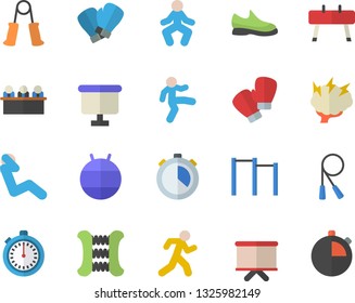 Color flat icon set flipchart flat vector, meeting, brainstorm, sneakers, stopwatch, skipping rope, carpal expander, parallel bars, sports equipment horse, fitball, boxing gloves, gymnastics, run