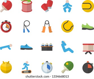 Color flat icon set flipchart flat vector, meeting, sneakers, stopwatch, skipping rope, carpal expander, tennis ball, fitball, boxing gloves, Treadmill, gymnastics, push up, swing press, steroids