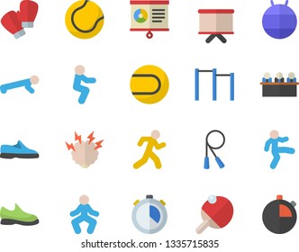 Color flat icon set flipchart flat vector, chart, meeting, brainstorm, sneakers, skipping rope, parallel bars, tennis ball, fitball, boxing gloves, gymnastics, squats, push up, run, table, stopwatch