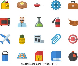 Color flat icon set flooring flat vector, frying pan, hiking pot, microwave, chicken, pineapple, pancakes, chemistry, cogwheel, SIM card, purse, briefcase, clip, document, target, book, scientist
