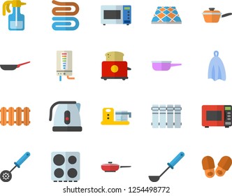 Color flat icon set flooring flat vector, heating batteries, boiler, frying pan, saute, electric kettle, ladle, kitchen spoon, towel, stove, microwave, toaster, food processor, pulverizer