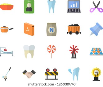 Color flat icon set flooring flat vector, barrier, saute, scissors, groats, porridge, lollipop, windmill, fertilizer vectory, mining, hospital bed, caries, broken tooth, dental crowns, agreement
