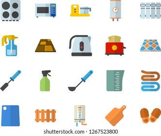 Color flat icon set flooring flat vector, heating batteries, boiler, meashuring cup, electric kettle, ladle, kitchen spatula, towel, cutting board, stove, microwave, toaster, food processor