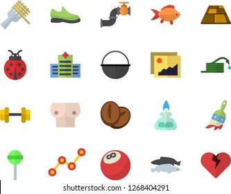Color flat icon set flooring flat vector, cauldron, fish, spaghetti on a fork, lollipop, coffee beans, ladybird, hose, paint brush, main pipeline, scatter chart, breast, gas burner, dumbbell, heart