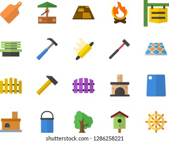 Color flat icon set flooring flat vector, ax, hammer, hiking pot, rolling pin, cutting board, well, nesting box, tree, fence, bonfire, bench, fireplace, signboard, steering wheel fector