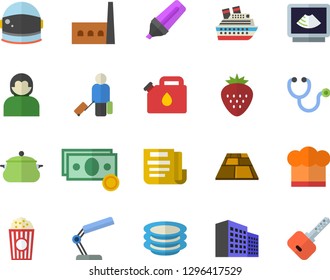 Color flat icon set flooring flat vector, saucepan, cook hat, plates, popcorn, Strawberry, manufactory, canister, cash, marker, stethoscope, ultrasound, office building, document, reading lamp, user