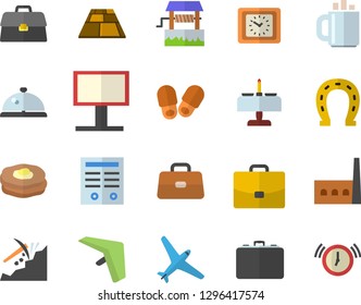 Color flat icon set flooring flat vector, pancakes, well, horseshoe, manufactory, mining, billboard, case, clock, briefcase, coffee, contract, aircraft fector, hang glider, romantic dinner, jingle
