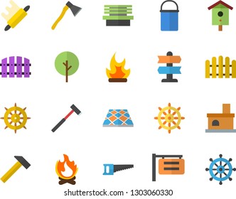 Color flat icon set flooring flat vector, ax, hammer, hiking pot, rolling pin, nesting box, tree, fence, saw, bonfire, bench, fireplace, signboard, pointer, steering wheel
