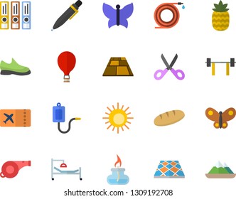 Color flat icon set flooring flat vector, scissors, bread, pineapple, hose, butterflies, medical warmer, hospital bed, pen, gas burner, folders for papers, barbell, whistle, sneakers, balloon vector