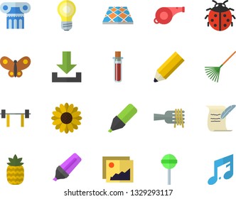 Color flat icon set flooring flat vector, spaghetti on a fork, lollipop, pineapple, flower, ladybird, rake, butterflies, marker, blood test, pencil, hostory roll, barbell, whistle, gallery, download