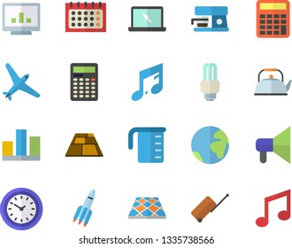 Color flat icon set flooring flat vector, meashuring cup, teapot, coffee machine, calendar, clock, computer chart, statistic, laptop, rocket, energy saving lamp fector, calculator, earth, aircraft