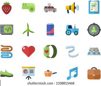Color flat icon set flooring flat vector, saute, towel, lemonade, Strawberry, tractor, windmill, target audience, graphic report, ambulance, oscilloscope, presentaition board, sneakers, centimeter