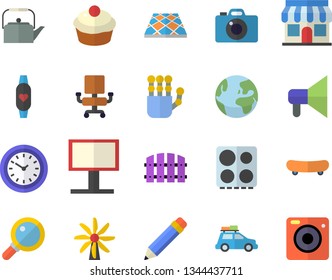 Color flat icon set flooring flat vector, teapot, electric stove, cupcake, fence, windmill, store front, billboard, clock, office chair, pencil, robot hand, skateboard, fitness bracelet, car, camera