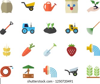 Color flat icon set flour flat vector, Strawberry, ear, well, carrot, tractor, shovel, hose, seedlings, rake, watering can, planting plants, irrigation, garden wheelbarrow, fertilizer vectory