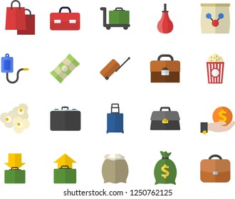 Color flat icon set flour flat vector, spaghetti, popcorn, fertilizer vectory, case, investments, wealth, bags, medical warmer, briefcase, sports pear, luggage fector, get, hand, trolley