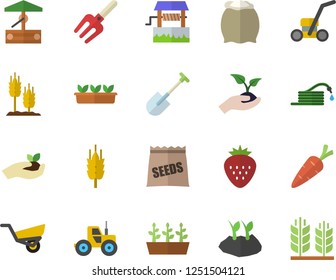 Color flat icon set flour flat vector, Strawberry, seeds, ear, well, carrot, tractor, pitchfork, shovel, hose, seedlings, planting plants, garden wheelbarrow, lawn mower