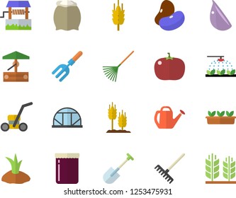 Color flat icon set flour flat vector, legumes, garlic, tomato, jam, ear, well, sprinkling machine, pitchfork, shovel, rake, watering can, planting plants, seedlings, lawn mower, greenhouse