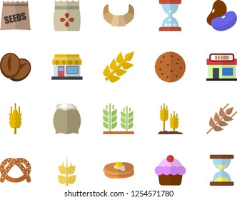 Color flat icon set flour flat vector, ear, legumes, biscuit, pancakes, bagel, croissant, cake, coffee beans, seeds, grain warehouse, hourglass