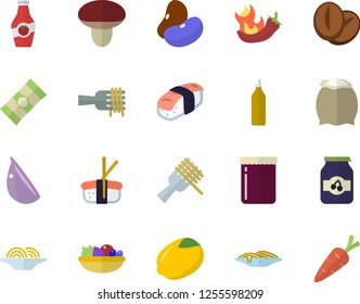 Color flat icon set flour flat vector, spaghetti, legumes, lemon, on a fork, salad, coffee beans, garlic, hot peppers, sashimi, jam, mustard, ketchup, mushroom, carrot