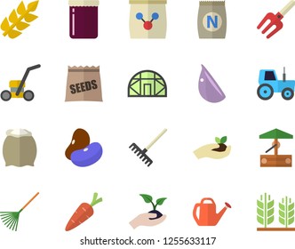 Color flat icon set flour flat vector, legumes, garlic, jam, seeds, fertilizer vectory, well, carrot, tractor, pitchfork, seedlings, rake, watering can, lawn mower, greenhouse, ear