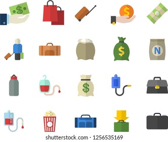 Color flat icon set flour flat vector, spaghetti, popcorn, fertilizer vectory, investments, wealth, bags, medical warmer, blood transfusion, briefcase, sports pear, sport bag, luggage fector, get