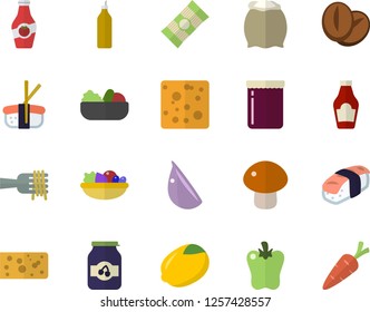 Color flat icon set flour flat vector, spaghetti, ketchup, lemon, cheese, on a fork, mushroom, salad, coffee beans, garlic, bell pepper, sashimi, jam, mustard, carrot