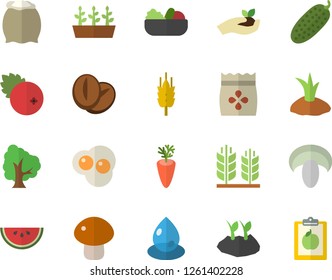 Color flat icon set flour flat vector, watermelon, mushroom, salad, coffee beans, carrot, cucumber, scrambled eggs, cranberry, seeds, ear, tree, seedlings, planting plants, drop, diet