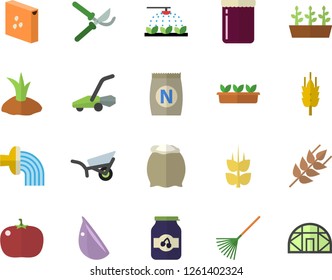 Color flat icon set flour flat vector, groats, ear, garlic, tomato, jam, fertilizer vectory, sprinkling machine, secateurs, rake, planting plants, hose irrigation, garden wheelbarrow, seedlings
