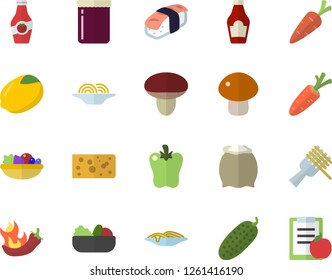 Color flat icon set flour flat vector, ketchup, lemon, cheese, spaghetti on a fork, mushroom, salad, bell pepper, hot peppers, cucumber, sashimi, jam, carrot, diet